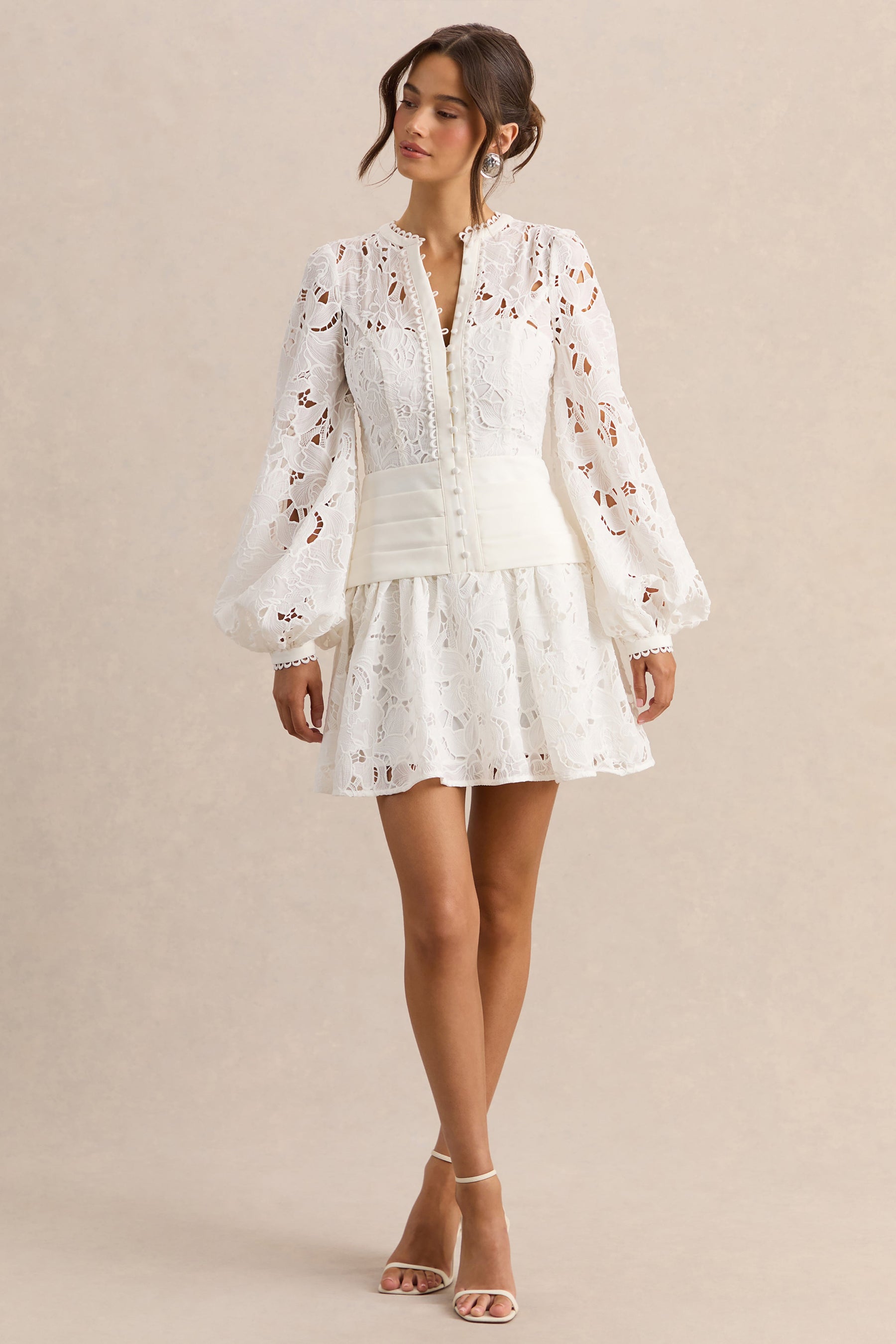 Helena | White Crew-Neck Mini Dress With Puff-Sleeves and Pleated Skirt