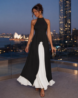 Elara | Black & White Layered Halterneck Maxi Dress