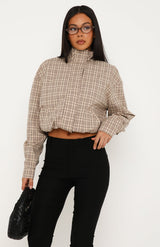 Marlow | Beige Plaid Funnel-Neck Jacket